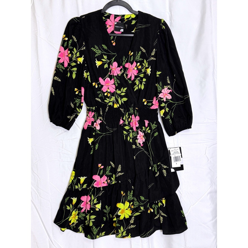 Maison Tara Black Floral Smocked Waist V-Neck Ruffle Mini Dress Womens 6 NWT